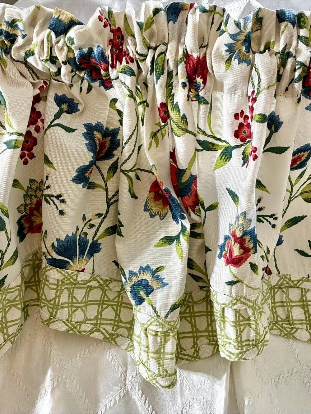 Waverly carolina crewel Floral Valance in Cream Blue, Red Green Accents 50” x 15